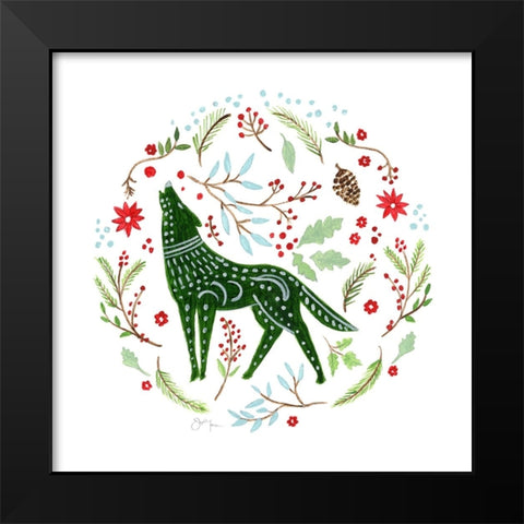 Christmas Folk Wolf Black Modern Wood Framed Art Print by Tava Studios