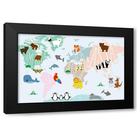 Animal Map Black Modern Wood Framed Art Print by Santiago, Daniela