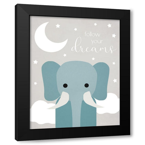 Dreams Elephant Black Modern Wood Framed Art Print by Santiago, Daniela