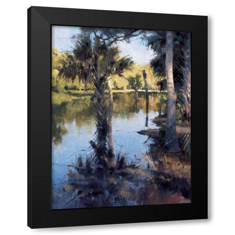 Palms on Water I Black Modern Wood Framed Art Print with Double Matting by Moore, Larry