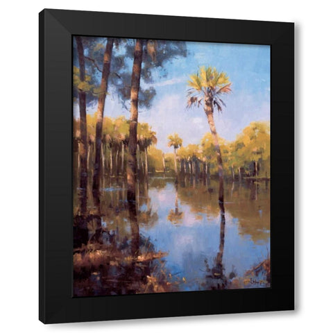 Palms on Water II Black Modern Wood Framed Art Print with Double Matting by Moore, Larry
