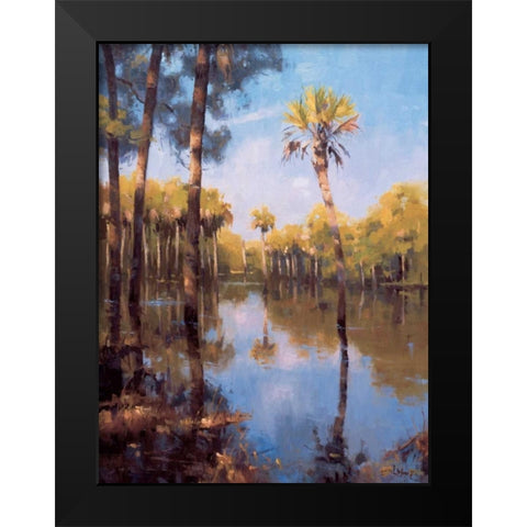 Palms on Water II Black Modern Wood Framed Art Print by Moore, Larry