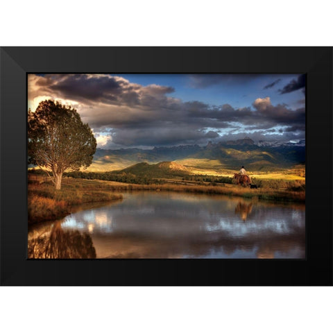 A Cowboy Reflects in the Moment Black Modern Wood Framed Art Print by Smith, Ken