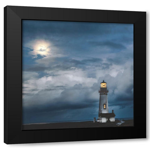 Lighthouse In Moonlight Black Modern Wood Framed Art Print with Double Matting by Burt, D.