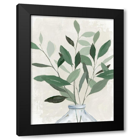 Green Leaves Vase I Black Modern Wood Framed Art Print by Aria K