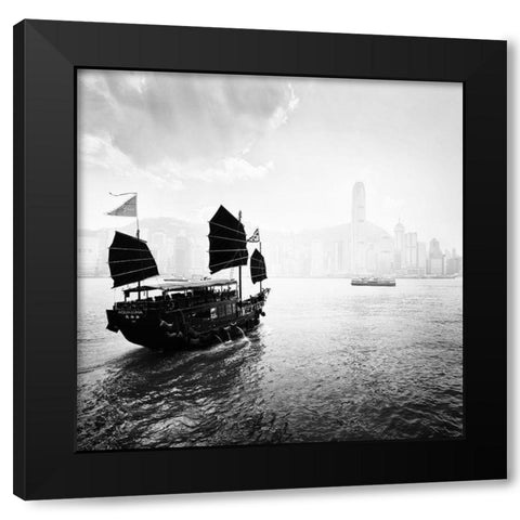 Boat in the Hong Kong Harbor Black Modern Wood Framed Art Print with Double Matting by Praxis Studio