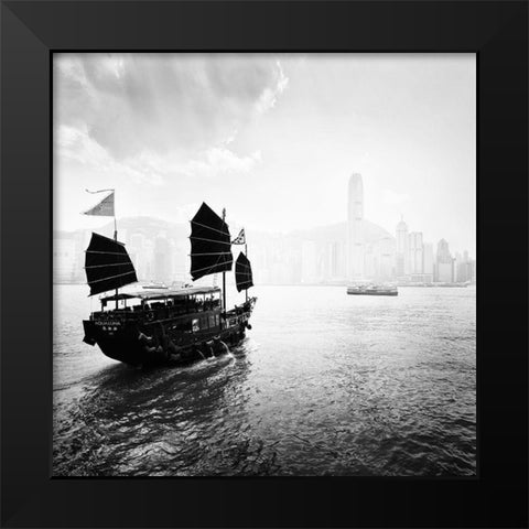 Boat in the Hong Kong Harbor Black Modern Wood Framed Art Print by Praxis Studio
