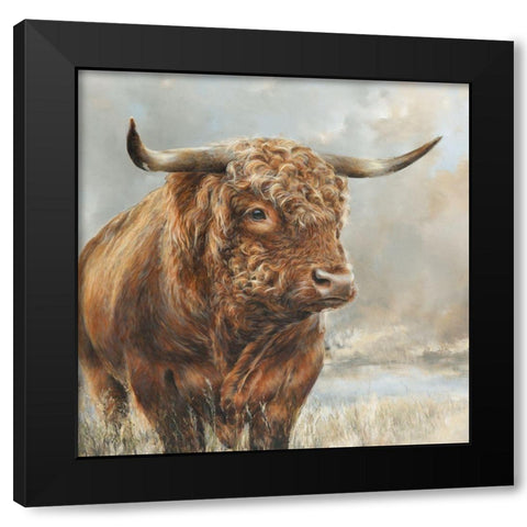 Wild Filed Bull  Black Modern Wood Framed Art Print by Perejogina, Dina