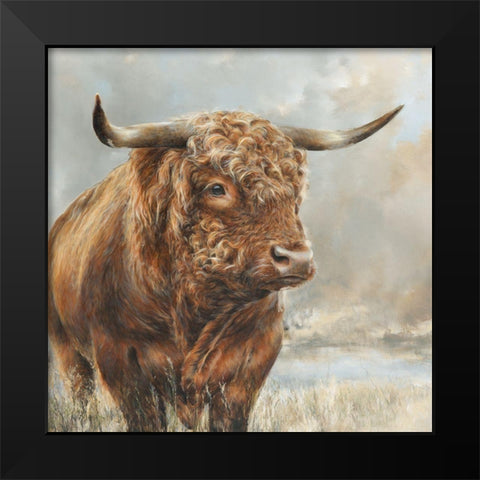 Wild Filed Bull  Black Modern Wood Framed Art Print by Perejogina, Dina
