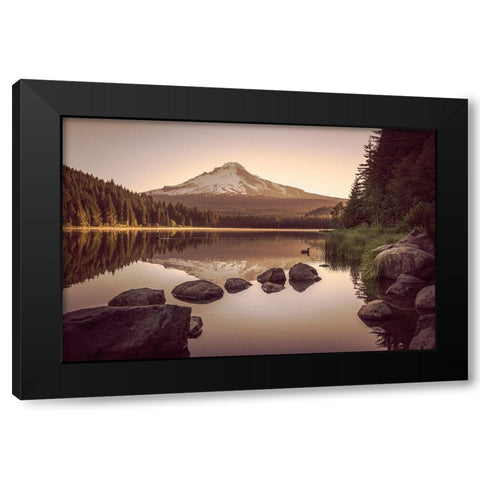 Mountain Forest Lake Sunrise Black Modern Wood Framed Art Print by Nature Magick