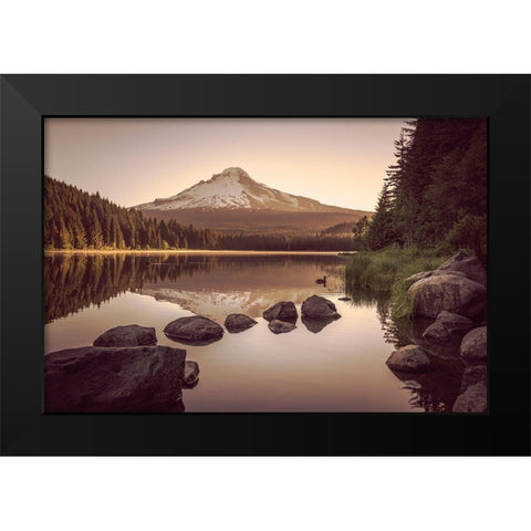 Mountain Forest Lake Sunrise Black Modern Wood Framed Art Print by Nature Magick