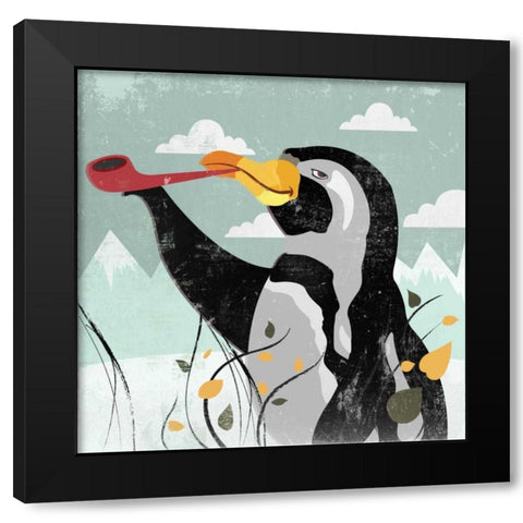 Penguin Stroll Black Modern Wood Framed Art Print with Double Matting by PI Studio