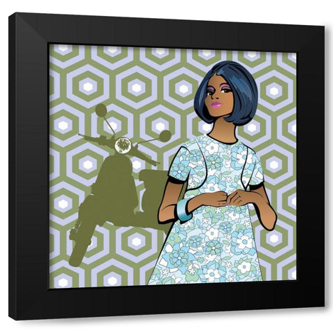 Girl With Vespa Black Modern Wood Framed Art Print by Pazzio, Sammy