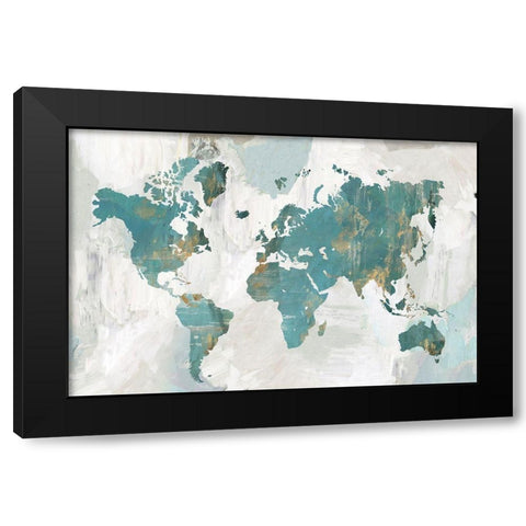 Teal World Map  Black Modern Wood Framed Art Print with Double Matting by Collabera, Pamela