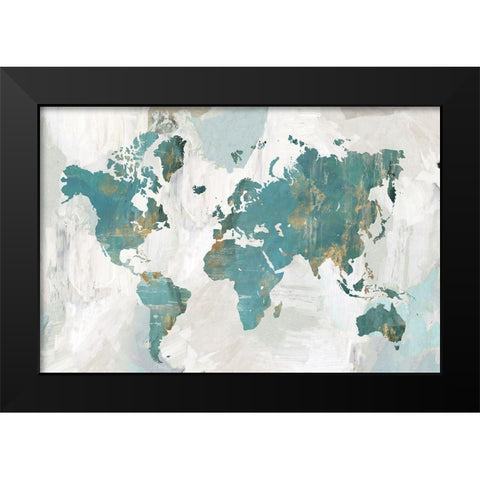 Teal World Map  Black Modern Wood Framed Art Print by Collabera, Pamela