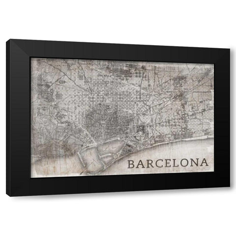 Map Barcelona Beige Black Modern Wood Framed Art Print by PI Studio