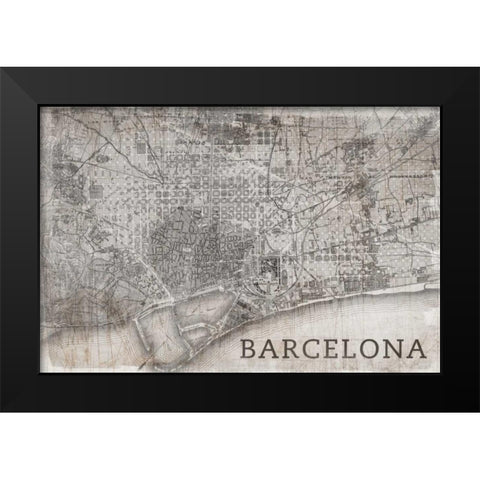 Map Barcelona Beige Black Modern Wood Framed Art Print by PI Studio