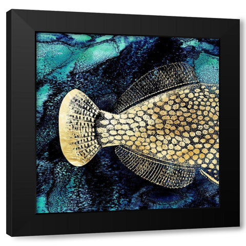 Blue Ink and Golden Fish I  Black Modern Wood Framed Art Print with Double Matting by Zalewski, Christine