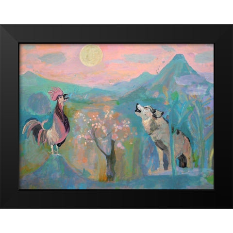 The Wolf and the Rooster Sing by Moonlight Black Modern Wood Framed Art Print by Alvarez, Iria Fernandez