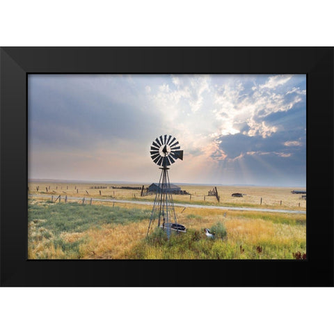 Windmill Sunset Black Modern Wood Framed Art Print by Annie Bailey Art