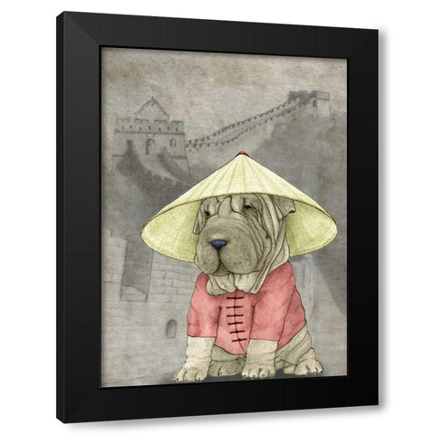 Shar Pei with the Great Wall Black Modern Wood Framed Art Print with Double Matting by Barruf