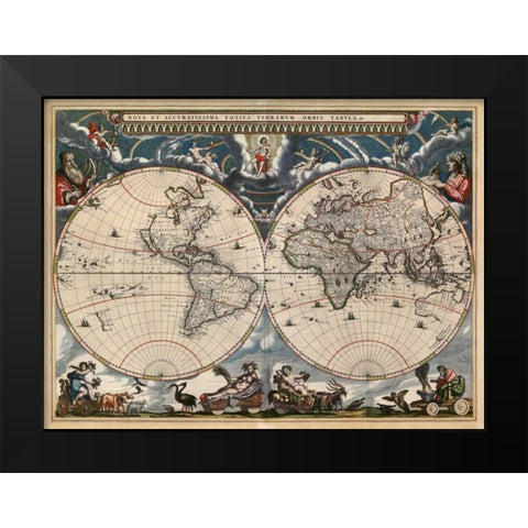 Nova et Accuratissima Totius Terrarum Orbis Tabula Black Modern Wood Framed Art Print by Blaeu, Joan