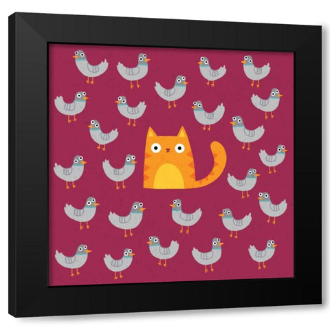 Cat amongst the Pigeons Black Modern Wood Framed Art Print by Buxton, Michael