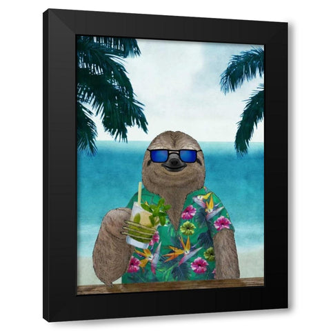 Sloth on Summer Holidays Black Modern Wood Framed Art Print by Barruf