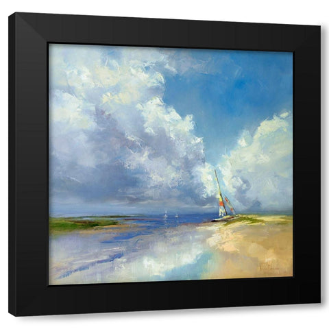 Sailboat on a Sandy Beach Black Modern Wood Framed Art Print by Bruniany, Kasia