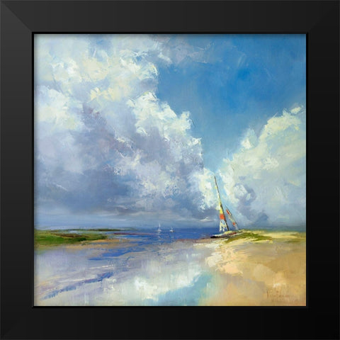 Sailboat on a Sandy Beach Black Modern Wood Framed Art Print by Bruniany, Kasia