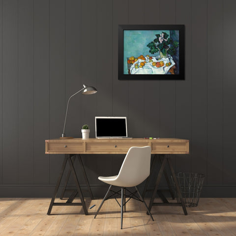 Still Life with Apples and a Pot of Primroses Black Modern Wood Framed Art Print by Cezanne, Paul