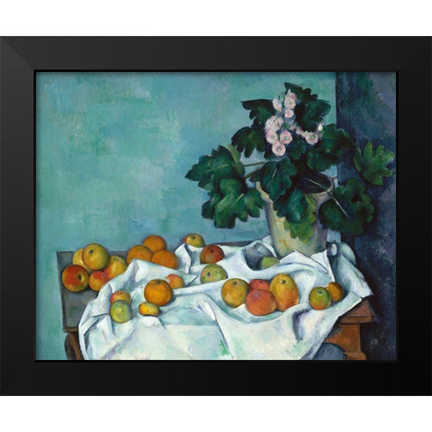 Still Life with Apples and a Pot of Primroses Black Modern Wood Framed Art Print by Cezanne, Paul