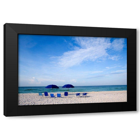 Blue Chairs and Umbrellas Black Modern Wood Framed Art Print by Cannon, George