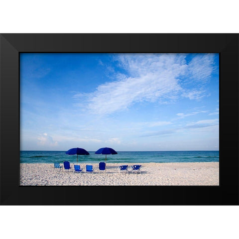 Blue Chairs and Umbrellas Black Modern Wood Framed Art Print by Cannon, George