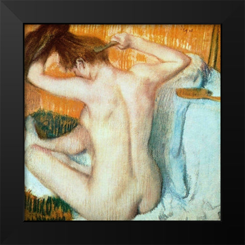 Woman Combing Her Hair Black Modern Wood Framed Art Print by Degas, Edgar