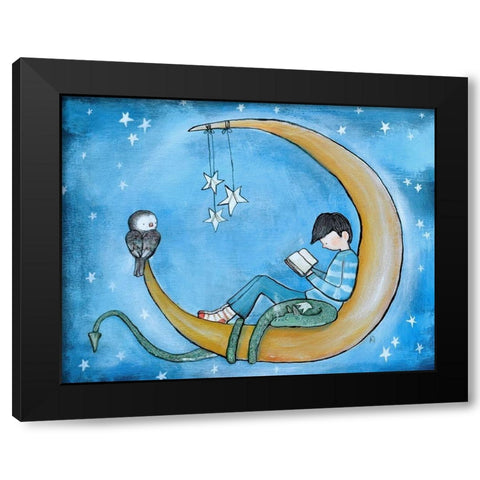 Boy Reading On Moon Black Modern Wood Framed Art Print by Doss, Andrea