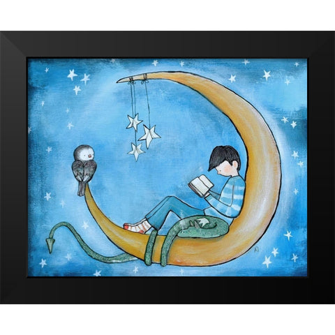 Boy Reading On Moon Black Modern Wood Framed Art Print by Doss, Andrea