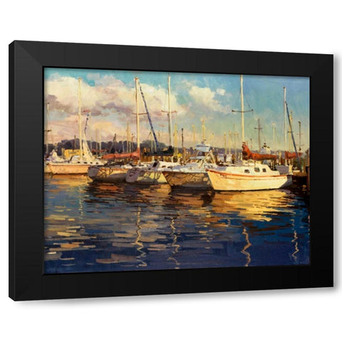 Boats on Glassy Harbor Black Modern Wood Framed Art Print with Double Matting by Furtesen
