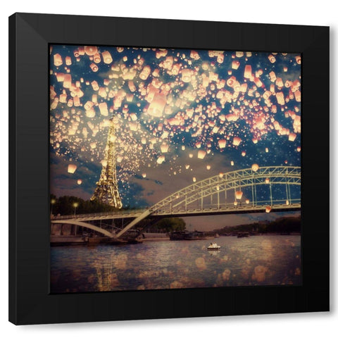 Love Wish Lanterns Over Paris Black Modern Wood Framed Art Print by Flores, Paula Belle