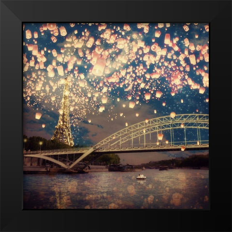Love Wish Lanterns Over Paris Black Modern Wood Framed Art Print by Flores, Paula Belle