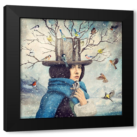 The Lady With The Bird Feeder Hat Black Modern Wood Framed Art Print by Flores, Paula Belle