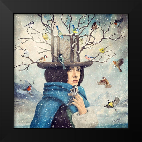 The Lady With The Bird Feeder Hat Black Modern Wood Framed Art Print by Flores, Paula Belle