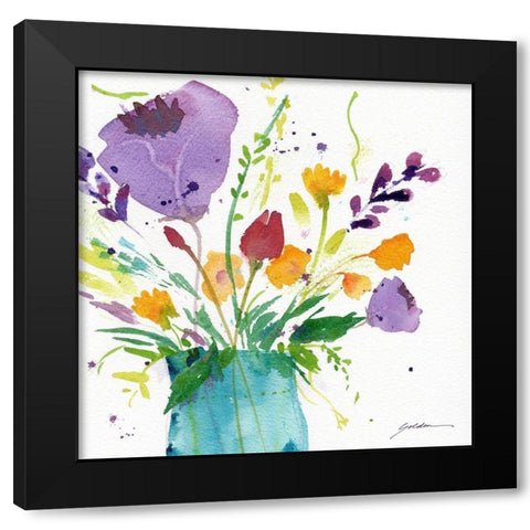 Teal Vase With Bright Flowers Black Modern Wood Framed Art Print by Golden, Sheila