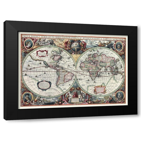 Nova Totius Terrarum Orbis Tabula Black Modern Wood Framed Art Print with Double Matting by Hondius, Hendrik