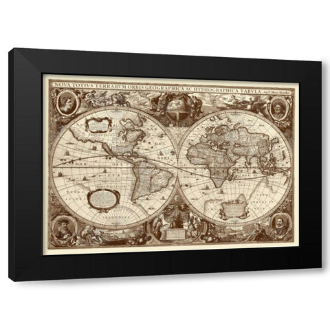 Nova Totius Terrarum Orbis Tabula Black Modern Wood Framed Art Print with Double Matting by Hondius, Hendrik