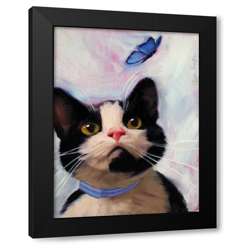 Cat and Butterfly Black Modern Wood Framed Art Print with Double Matting by Hoeptner, Diane