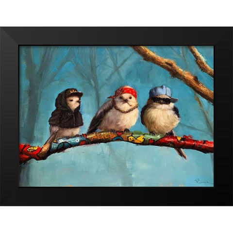 Birdz In Da Hood Black Modern Wood Framed Art Print by Heffernan, Lucia