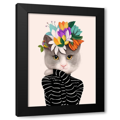 Cat With Flowers and Finch Black Modern Wood Framed Art Print with Double Matting by Horvat, Ioana