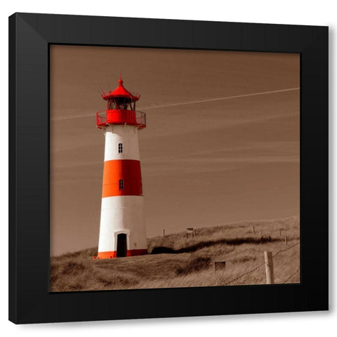 Red and White Lighthouse Black Modern Wood Framed Art Print with Double Matting by PhotoINC Studio