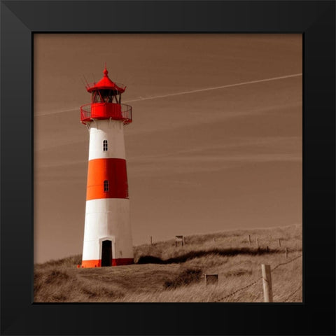 Red and White Lighthouse Black Modern Wood Framed Art Print by PhotoINC Studio